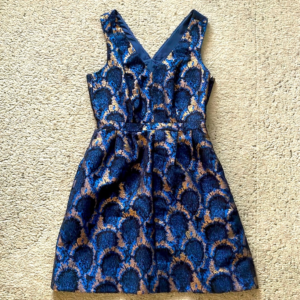 J.CREW Blue Gold Scallop Sleeveless V-Neck Pleated A-Line Jacquard Mini Dress 2